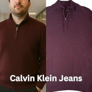 Calvin Klein Jeans Men's Burgundy Herringbone Knit Quarter Zip Sweater XL cotton